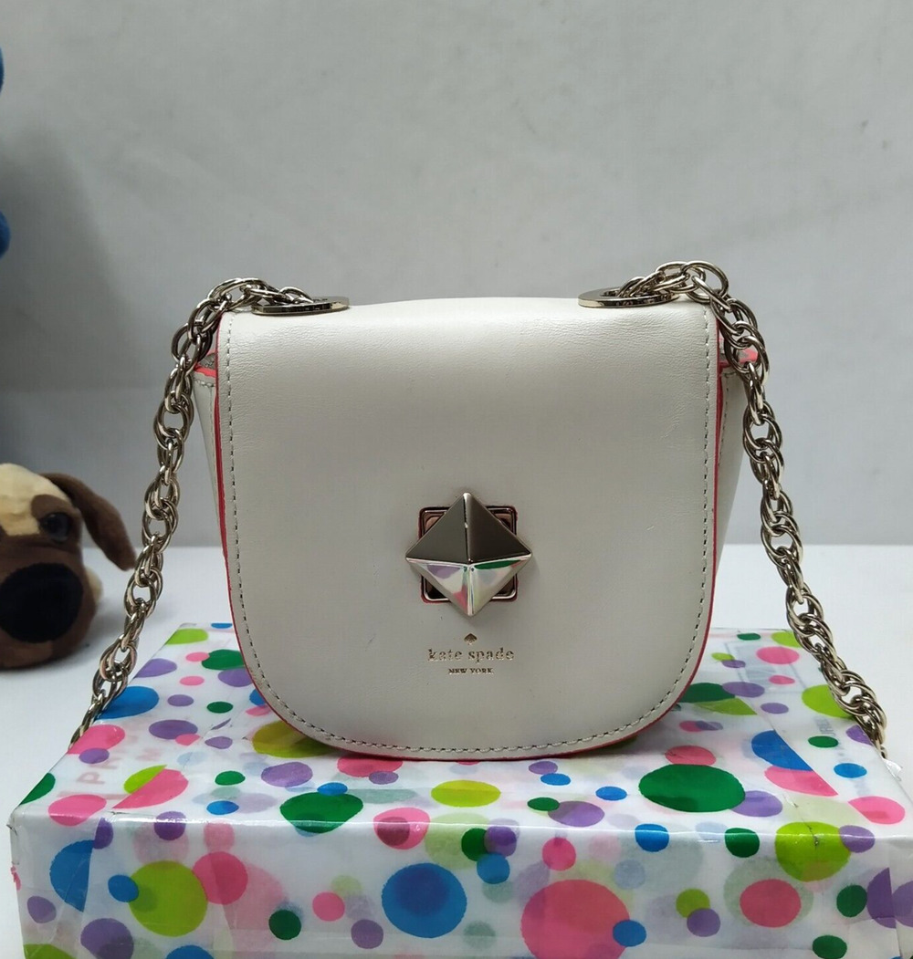Kate Spade New York White Leather Turnlock Chain Strap Mini Crossbody Bag